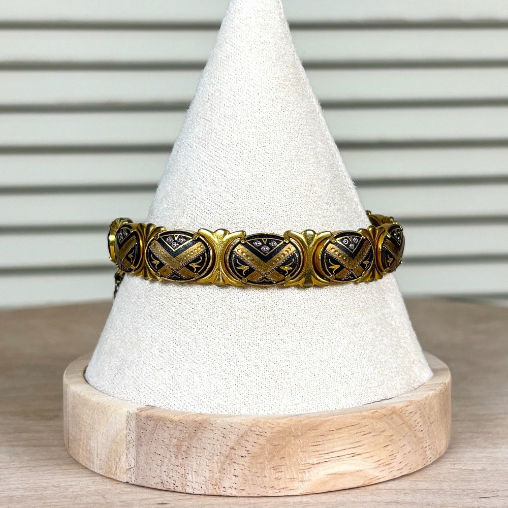 Toledo Spain 60s Statement Gold Damascene Bracelet Oval Eibar Inlay Links